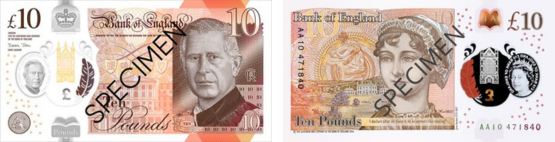 An example of the front and back of a £10 note with the word specimen posted across it. On the front is an image of King Charles and on the back is an image of Jane Austin.