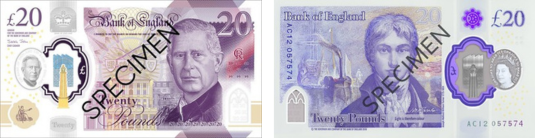 An example of the front and back of a £20 note with the word specimen posted across it. On the front is an image of King Charles and on the back is an image of JMW Turner.