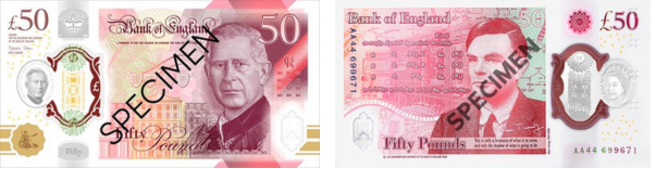 An example of the front and back of a £50 note with the word specimen posted across it. On the front is an image of King Charles and on the back is an image of Alan Turning.