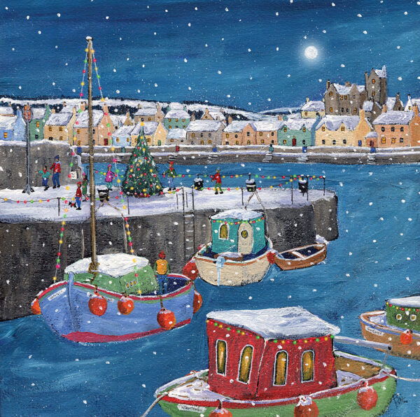 a wintery harbour scene at night. The boats are decorated with bright Christmas lights and on the land there are Christmas trees and buildings with a warm light coming from their windows.