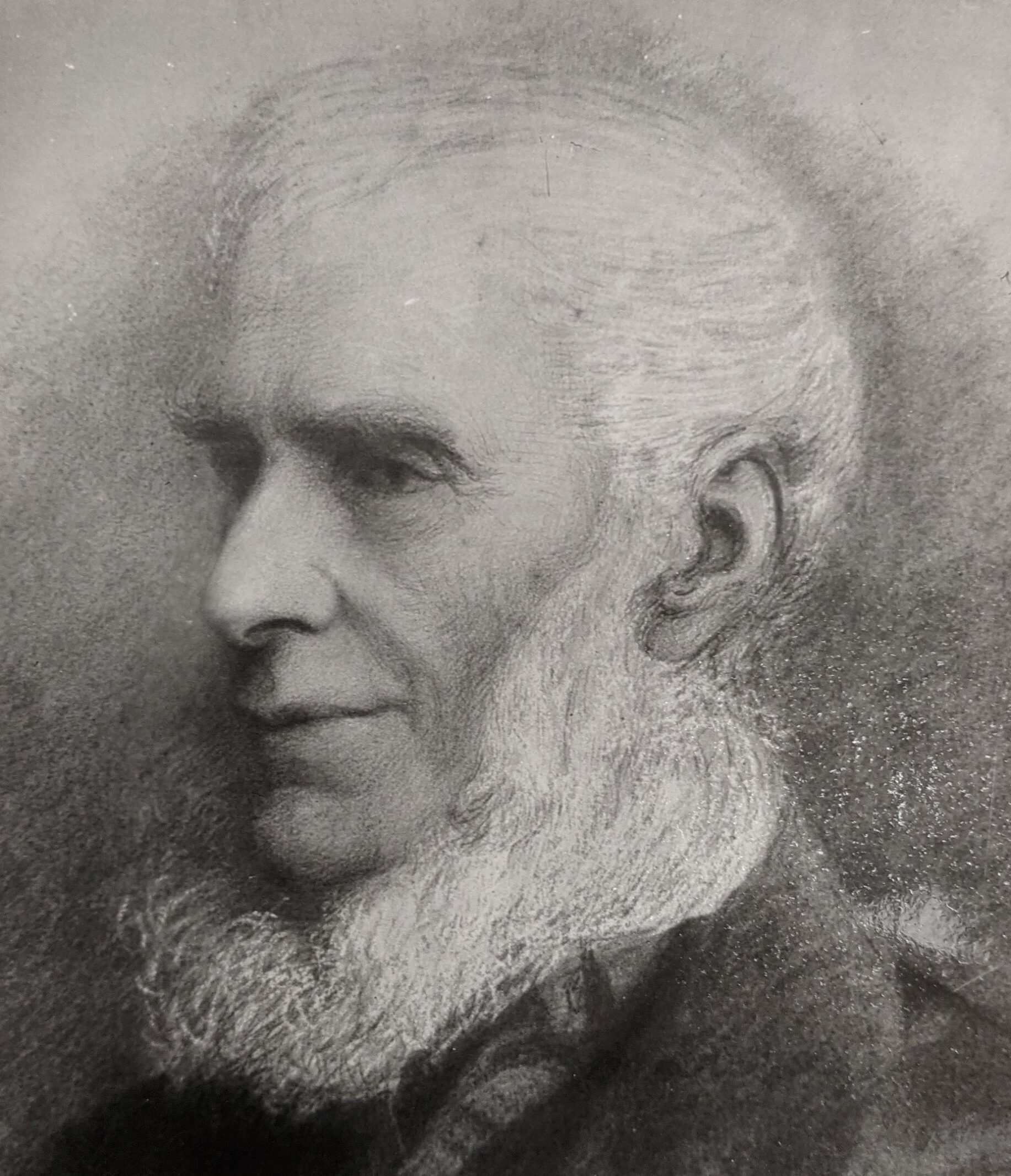 A black and white sketch of a man with a large white beard.