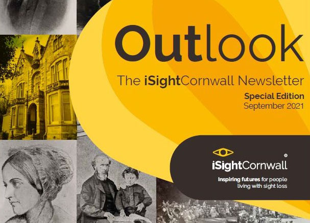 A section of the front cover of a magazine showing rows of black and white photos. A large yellow and orange graphic in the shape of a hot air balloon sits over the top of the images with text inside reading Outlook, the iSightCornwall newsletter, special edition.