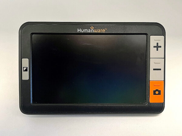 an image showing an electronic magnifier with the Humanware logo on it. It has a screen and four buttons. The buttons have a plus, a minus and an image of a camera. The device shown is the Humanware Explore 5