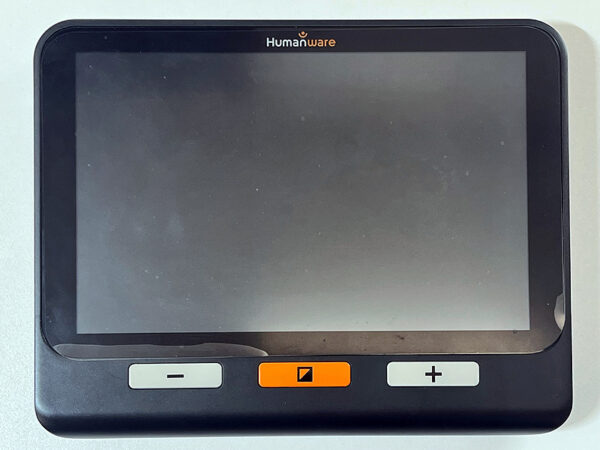 A large rectangular electronic device with a screen and three simple buttons. The device is the Humanware Explore 8 Electronic Magnifier