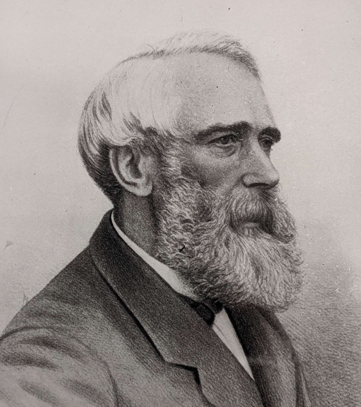 A pencil sketch of a man with white hair and a full beard. He is in side profile, looking to the right.