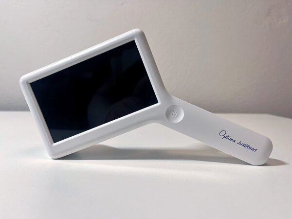 A white rectangular device with a screen with a white smooth handle