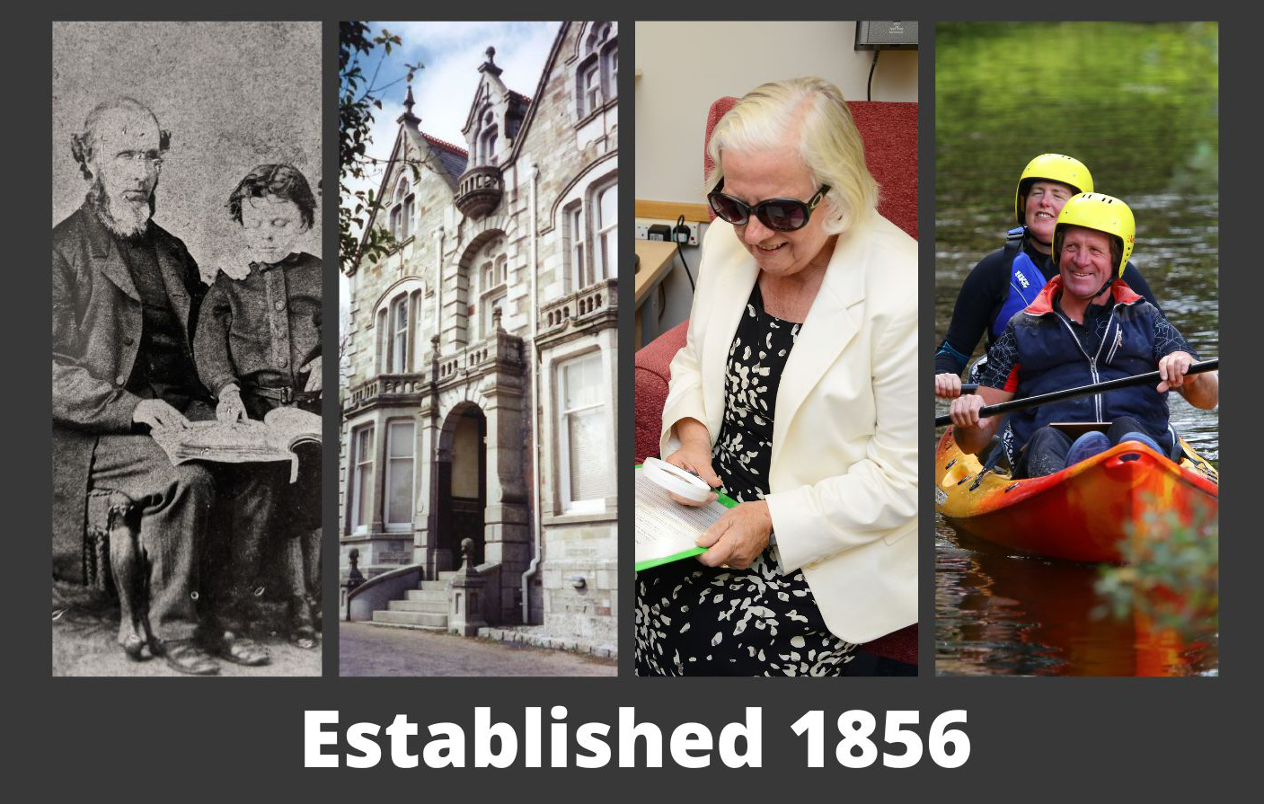 A row of four images starting with an old black and white image of a man and young boy, an image of Malabar House, a lady using her magnifier and finally two people in a kayak.